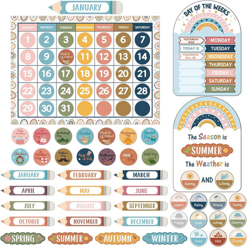 Calendar Bulletin Board Set, Calendar Seasons Weather Chart CTP Bulletin Board and Classroom Display with Stickers for School Classroom Bedroom Wa...