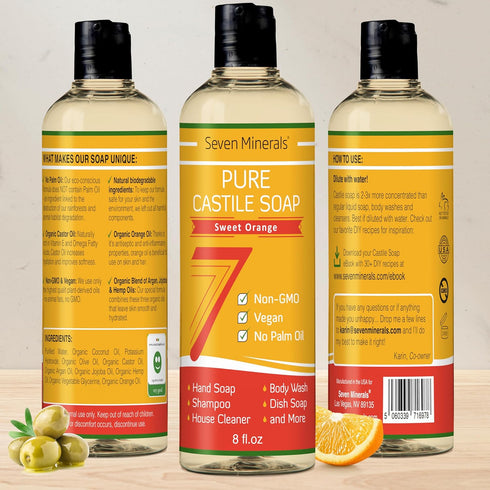Pure Castile Soap, Sweet Orange - No Palm Oil, GMO-Free - Gentle Liquid Soap For Sensitive Skin & Baby Wash - All Natural Vegan Formula with Organ...