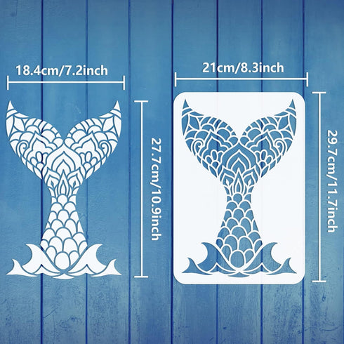 FINGERINSPIRE Mermaid Tail Painting Stencil 11.7x8.3 inch Hollow Out Marine Fish Tail Stencil Reusable Plastic Mandela Floral Pattern Tail Stencil...
