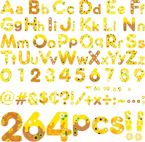 264 PCS Bulletin Board Letters Set, Bulletin Board Letters Numbers Punctuation Symbol Alphabet Cutouts Printed with Hive Bee Honey Sunflower for S...