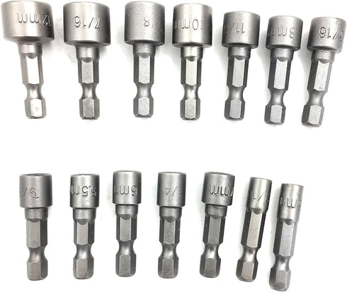 (14pcs) Quick Change Power Nut Driver Bit Set Steel Metric Socket Wrench Set 1/4'' Hex Nut Driver Drill Bits for Quick Change Chuck Adapter, Elect...