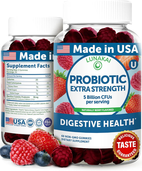 Lunakai Probiotic Gummies for Digestive Health - 5 Billion CFUs Delicious Proprietary Formula - Chewable Probiotic Gummy for Women, Men, Kids, 60c...