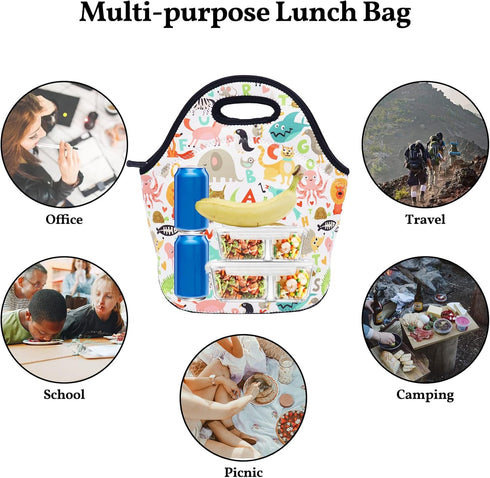 Neoprene Lunch Bag for Kids, Insulated Lunch Box Tote for Women Men Adult Teens Boys Teenage Girls Toddlers (Alphabet Animals)...