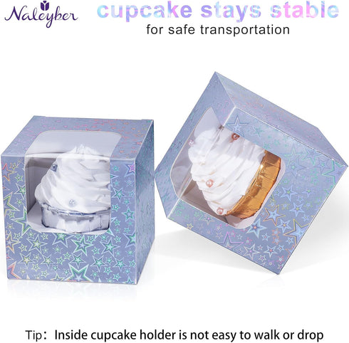 3.5" Sparkling Stars Individual Cupcake Boxes with Window & Insert 16PCS Iridescent Silver Single Cupcake Containers Holder Muffins Cocoa Bombs Co...