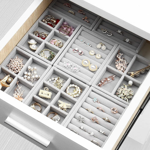 DesignSter Small Jewelry Tray, 2PCS Ring Organizer, Velvet Jewelry Display Tray, Stackable Jewelry Organizer Trays, Jewelry Drawer Organizer Inser...
