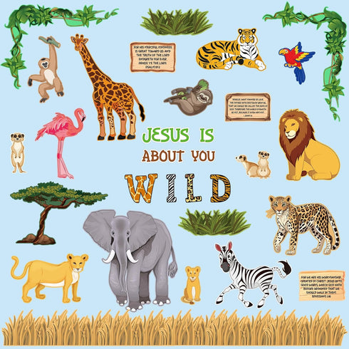 Fulmoon 34 Pcs Jungle Animals Bulletin Board Decorations Set Back to School Classroom Wild Safari Animal Cutout Wild About Jesus Christian Bible W...