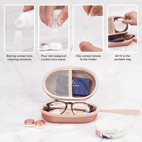 Lasiyanor 2 in 1 Contact Lens Case and Glasses Case, Portable Contact Box Bag with Mirror Tweezers Remover Tool Solution Bottle for Travel Daily O...