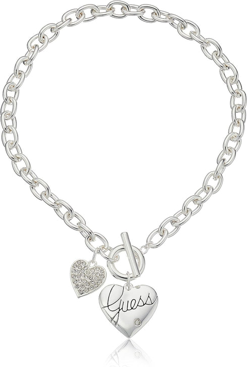 GUESS "Basic Silver Logo Heart and Pave Heart Toggle Pendant Necklace...