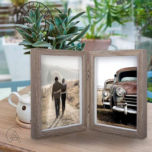 AEVETE 5x7 Double Picture Frames Hinged Wood Folding Picture Frames Vertically Display, Real Glass Front, Gray...