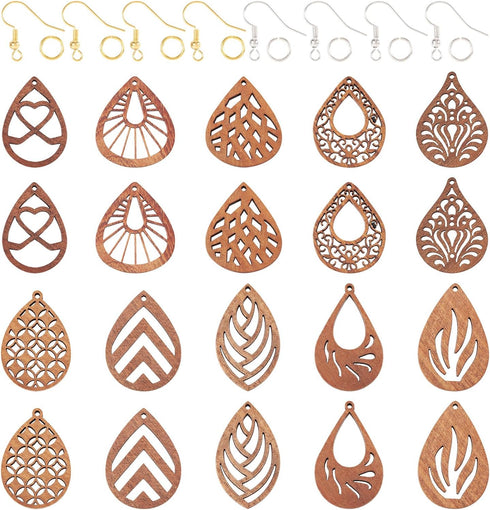 Cheriswelry DIY Jewelry Earring Making Kit Wood Drop Dangle Earring for Jewelry Making with 20pc Teardrop Walnut Wood Laser Cut Pendants & 40pcs B...