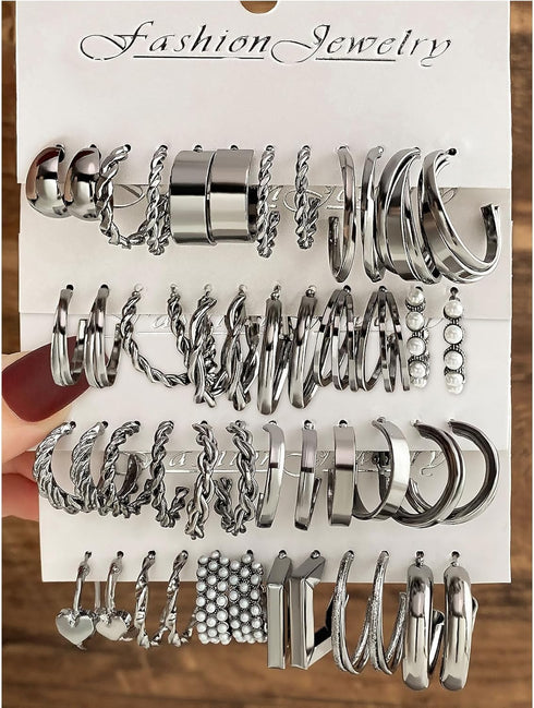 24 Pairs Black Silver Earring Set For Women, Chunky Earring Multipack Punk Trendy Big Small Stud Hoop Earring Lightweight Twisted Pearl Ear Pack F...