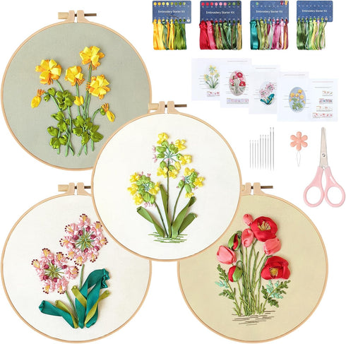 LOMOHOO 4 Sets Ribbon Flower Embroidery Kit for Beginners, Needlepoint Stamped Cross Stitch Starter Kits, Stitch Learning DIY Kit with Flower Patt...