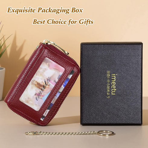 imeetu RFID Credit Card Wallet, Genuine Leather Zipper Card Case Holder with Removable Keychain(Red)...