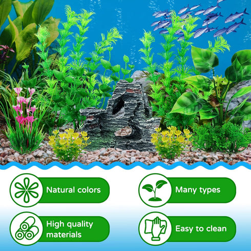 Fish Tank Accessories Artificial Plants, 9pcs Green Aquarium Decorations Plants and Cave Rock Decor Set, Aquarium Decor Plastic Plants...