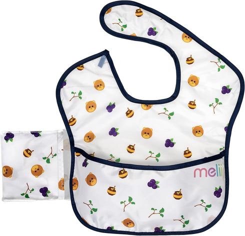 melii Baby & Toddler Fold Up Bib with Integrated Travel Pouch and Large Scoop, 2 Pack, BPA Free (Bear)...