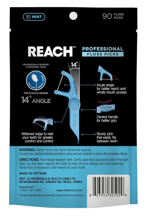 REACH Interdental Flosser Pick Floss Bundle | Acute Angle for Better reach | Dented for Better Grip, PFAS Free | 90 Flossers (Pack of 6)...