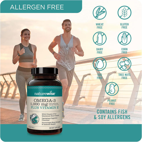 NatureWise Extra-Strength Omega 3 Fish Oil Supplement - 1000mg per Serving - 600 EPA & 400 DHA and Vitamin E - Support for Heart & Brain Health - ...