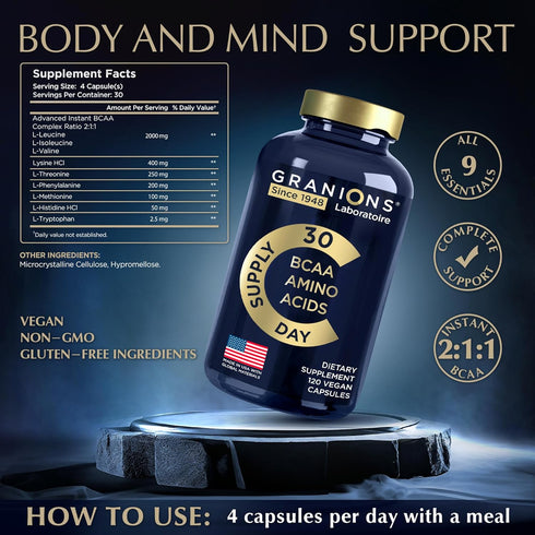 Essential Amino Acids Supplement for Men & Women - All 9 BCAAs EAA Supplements Lysine, Tryptophan, Isoleucine Advanced Amino Formula - Perfect Ami...