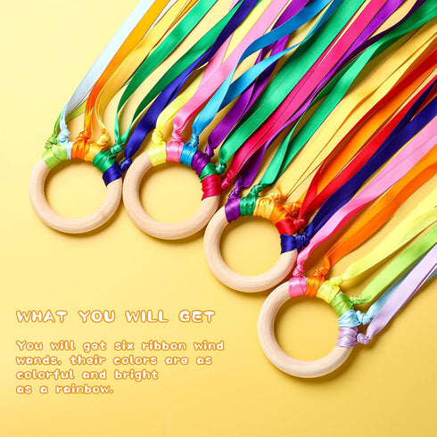 6 Pieces Ribbon Hand Kite Montessori Hand Kite Toy Creative Waldorf Toy Ribbon Streamer with Wood Ring Rainbow Wind Wand Learning Educational Hand...