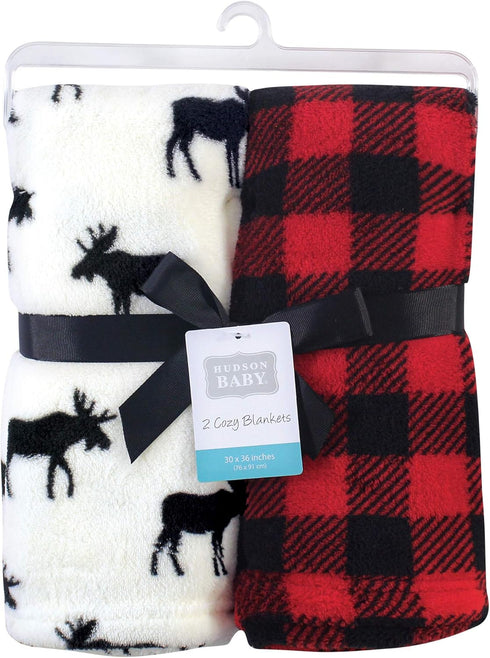 Hudson Baby Unisex Baby Silky Plush and Coral Fleece Blanket, Buffalo Plaid Moose, 30x36 inches...