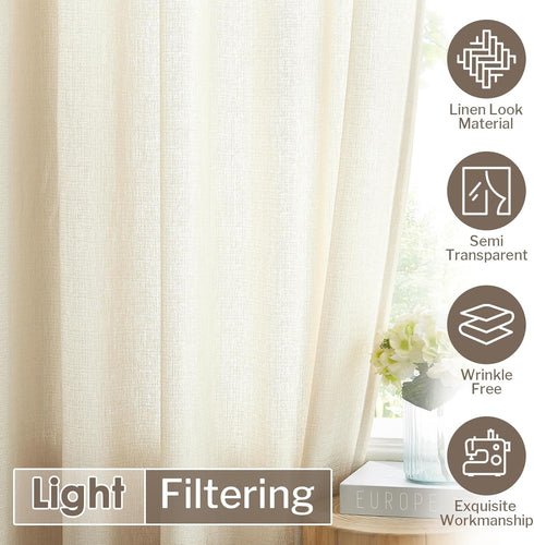 Melodieux Beige Semi Sheer Curtains 63 Inch Length for Bedroom Living Room, Farmhouse Linen Texture Light Filtering Home Office Shiny Sheer Drapes...