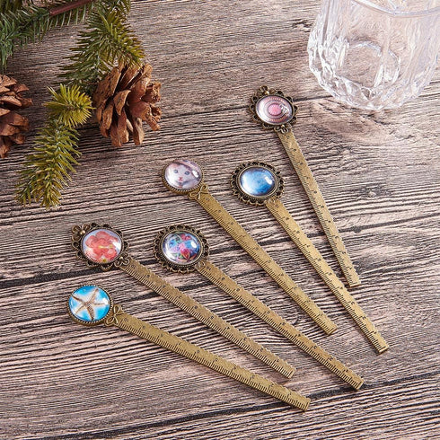 SUNNYCLUE 12PCS DIY 6 Sets Ruler Bookmark Pendant Tray Kit Round Bookmark Cabochon Setting Blanks with Clear Domed Glass Cabochon for DIY Alloy Bo...