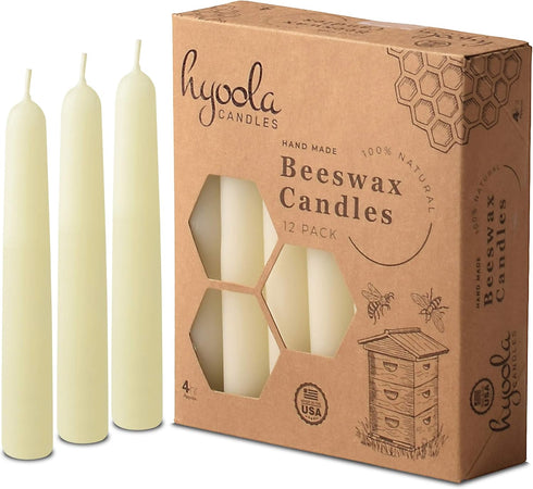 Hyoola 4" Beeswax Taper Candles 12 Pack - Handmade, All Natural, 100% Pure Unscented Bee Wax Candle - Tall, Decorative, White 4 Hour Burn Time...