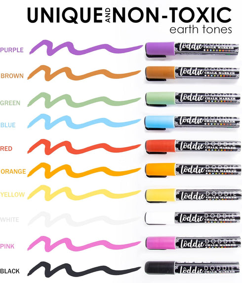 Loddie Doddie Liquid Chalk Markers for Chalkboard - 6mm Reversible Chisel and Bullet Tips, Chalkboard Markers Erasable, Earth Tones Chalk Pens 10 ...