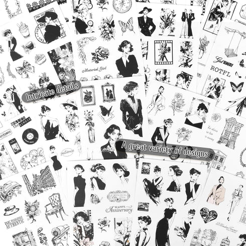 Dizdkizd Black and White Themed Elegent Women Sticker Book for Scrapbooking, Journaling, 194 Vintage Pre-Cut Stickers for Junk Journaling, Planner...