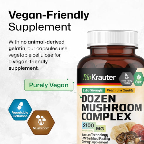 BIO KRAUTER Dozen Mushroom Complex Capsules 2100 mg Blend - 100 Vegan Caps - 12 Extracts in One Mushroom Supplement for Immune Support - Lions Man...
