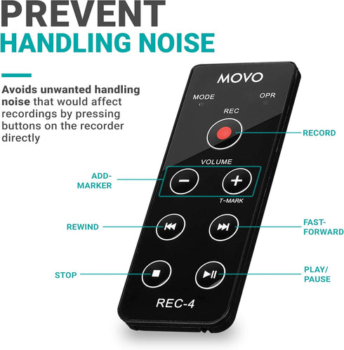 Movo REC-4 Wired Remote Control for Zoom H2n, H4n Pro, H5 and H6 Portable Digital Handy Recorders - Also Compatible with Sony M10, D50, D100...