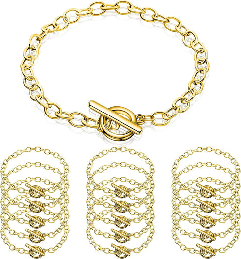 Junkin 20 Pieces Chain Bracelets Stainless Steel Link Bracelet Round Link Chain Bracelets with OT Toggle Clasp Jewelry Bracelet Making Chain for W...