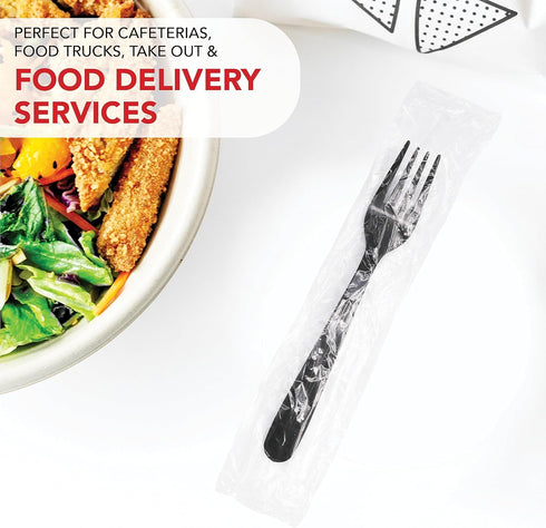 Party Essentials Individually Wrapped Black Plastic Utensil Sets/Heavy Duty Flatware Packs, Fork, 100 Sets...