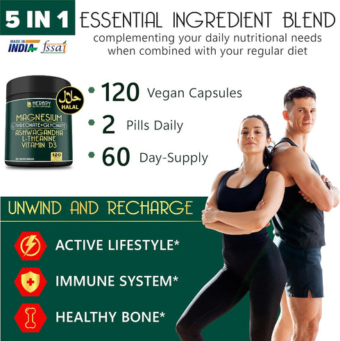 Relaxation & Restful Night with Magnesium L-Threonate & Glycinate Supplement, Plus Vitamin D3, Ashwagandha Root & L-Theanine - Brain, Bone & Heart...