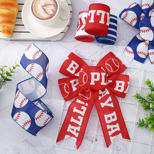 AnyDesign Baseball Wired Edge Ribbon 2.5 Inch Red Blue Craft Ribbon Wired Fabric Ribbon for Sport Events DIY Bow Wreath Wrapping Supplies, 24 Yard...