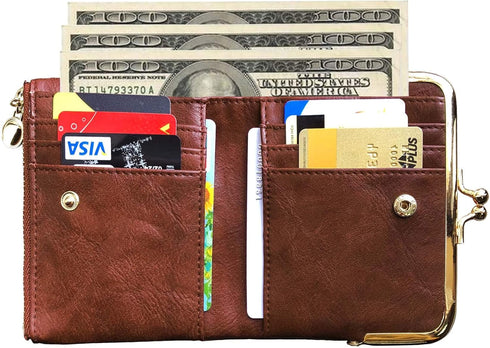 Womens Wallet Small Bifold Rfid Ladies Mini Vintage Coin Purse With Zipper and Kiss Lock (Brown)...