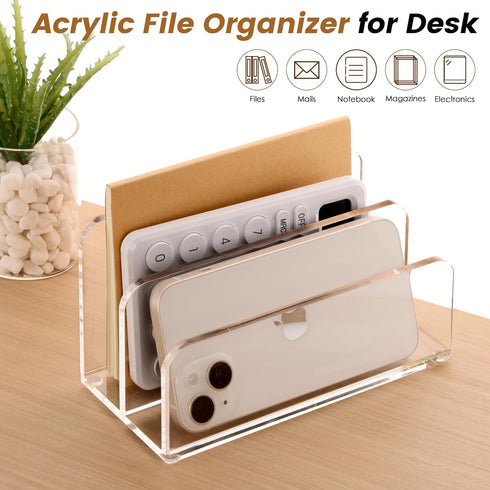 Acrylic File Holder, 2 Sections Mail Organizer Countertop, Desk Organizer Mail Holder Letter File Folder Sorter, Clear File Organizer for Desk, Do...