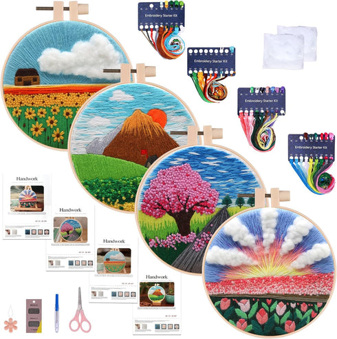 XEmbro 4 Sets Embroidery Kits for Beginners Adults, Embroidery Starter Kit with Pattern, Embroidery Cross Stitch Practice Kits with Embroidery Hoo...