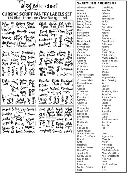 Talented Kitchen 135 Pantry & Kitchen Labels for Food Containers - Preprinted Black Cursive on Clear Backing - Easy Peel & Stick (Water Resistant)...