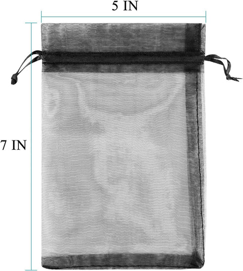 100 Pcs Per Pack 5x7 Gifts Wrap Bags Black, Organza Sheer Fabric, Drawstring Transparent Mesh Bags for Baby Shower Favor,Anniversary,Dried Lavende...