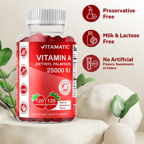 Vitamatic Sugar Free Vitamin A 25000 IU Gummies (Retinyl Palmitate) - Natural Strawberry Flavor - 120 Pectin Based Gummies (1 Bottle)...