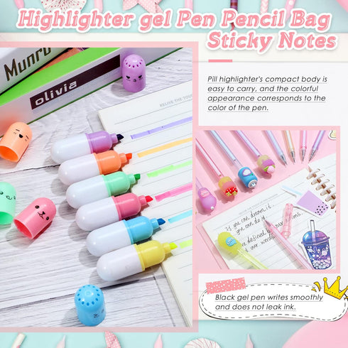 Sabary 228 Pcs Kawaii Stationary Set Include Telescopic Boba Pencil Pouch Case Bag Gel Ink Pen Sticky Note Bubble Tea Sticker Pill Highlighter Sta...