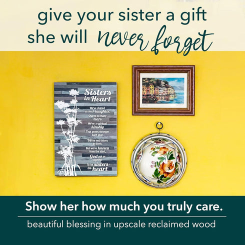Sisters in Heart Wood Plaque - Made in the USA - 6x9 Inch - Classy Rustic Vertical Frame Wall and Tabletop Decoration with Easel & Hanging Hook | ...