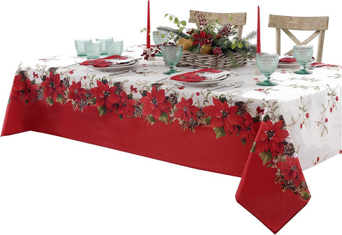Newbridge Christmas Blooming Poinsettia’s Double Bordered 70 inch Long Table Runner, Holiday Red and White Poinsettia Dining Table Runner...