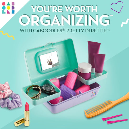 Caboodles Pretty in Petite Makeup Box, Two-Tone Seafoam on Lavender, Hard Plastic Organizer Box, 2 Swivel Trays, Fashion Mirror, Secure Latch for ...