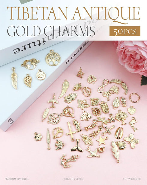 JIALEEY Wholesale Bulk 50PCS Mixed Gold Charms Pendants DIY for Necklace Bracelet Jewelry Making and Crafting...