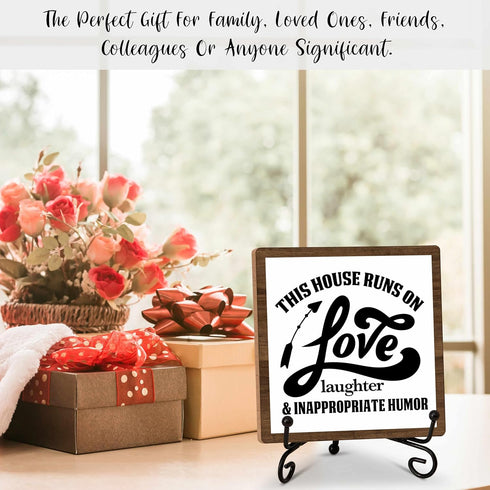 Home Decor Wood Sign, This House Runs On Love Laughter Wood Sign, 5x5IN Wooden Sign Comes With Iron Stand, Perfect For Home Kitchen Tabletop Desk ...