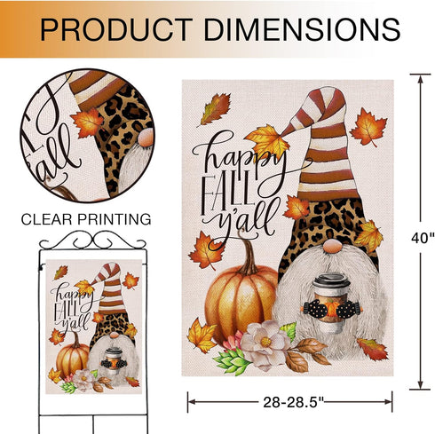 Happy Fall Y'all Coffee Gnome Pumpkin Large House Flag Double Sided, Autumn Maple Leaf Leopard Striped Decorative Garden Yard Outdoor Decor, Thank...