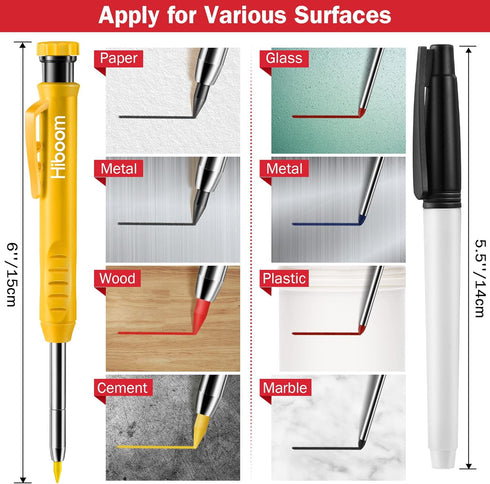 Hiboom Mechanical Carpenter Pencil Set, 3 Pcs Carpenter pencil with Sharpener and 12 Pcs Refills, 3 Pcs Deep Hole Marker, Heavy Duty Construction ...