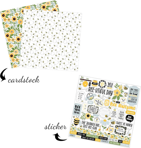 Bee Scrapbook Stickers - Kit with Honey Bee Scrapbook Paper 12x12 Inch | Floral, Bee Cardstock Paper, Sticker Set for DIY Craft, Card Making, Albu...